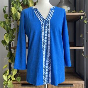 Boden Embroidered Top 12 Blue White Jersey Notch Neck New with Tags